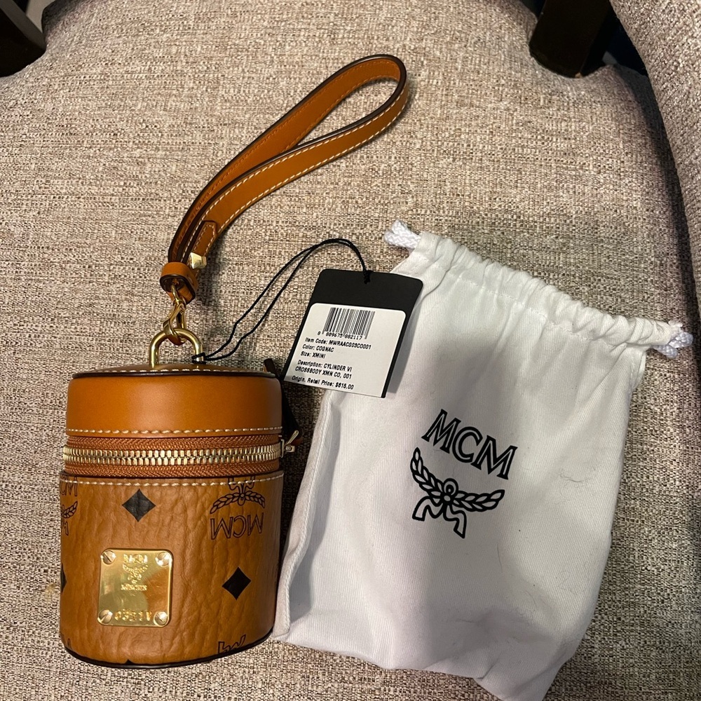 Mcm Cognac Visetos Wristlet Cylinder With Crossbody